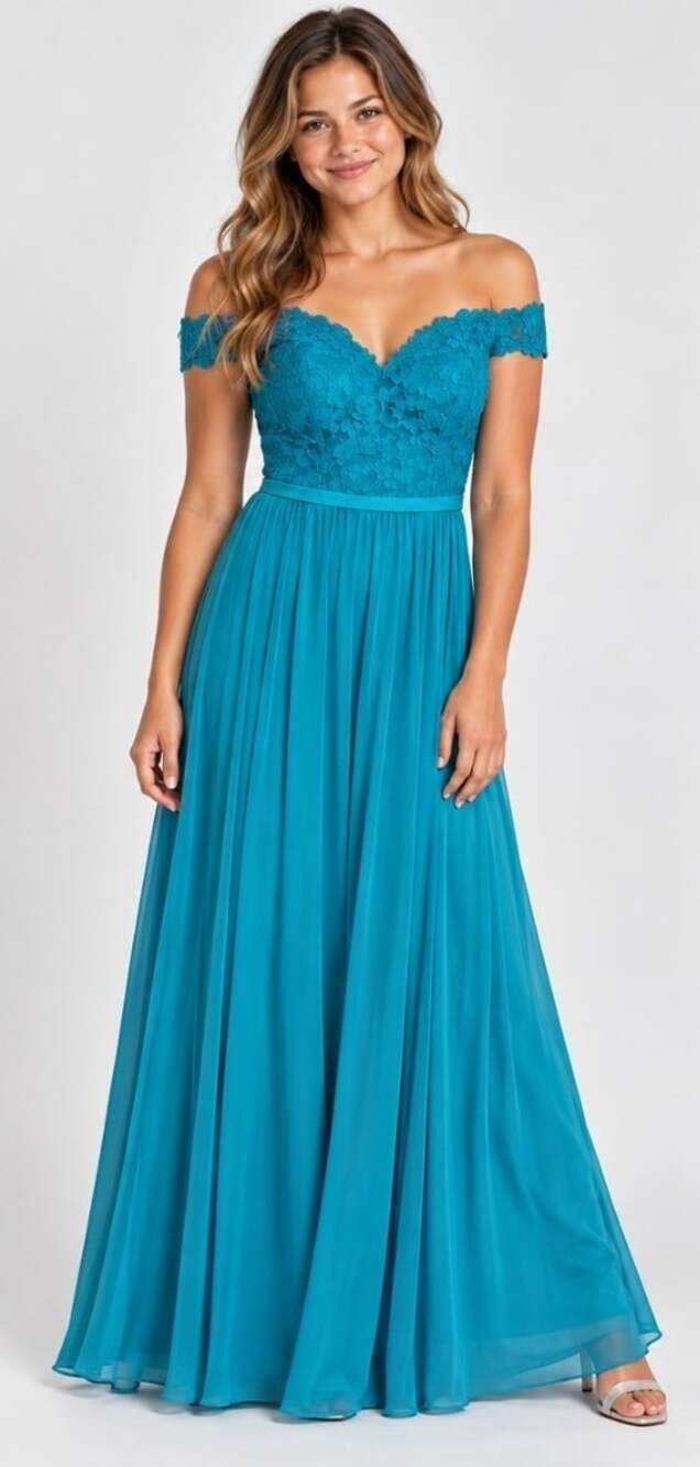 David's Bridal Off The Shoulder Evening Dress Lace Bodice Chiffon NWT Sz 10 D25